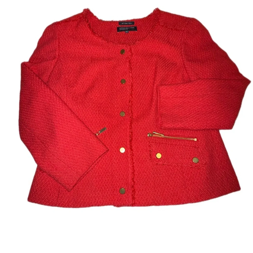 Jones New York Collection Red Tweed Jacket Gold Button Stretch Blazer Size 8